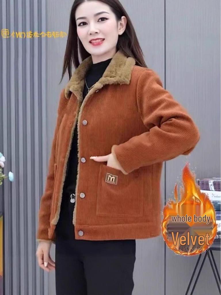 Women's Thickened Corduroy Jacket with Fleece Lining - Warm, Fashionable, Age-Reducing, Loose Fit, Slimming Long Sleeve Outerwear