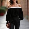 Women's Off-Shoulder Chiffon Blouse with Black Trim and Long Puff Sleeves
