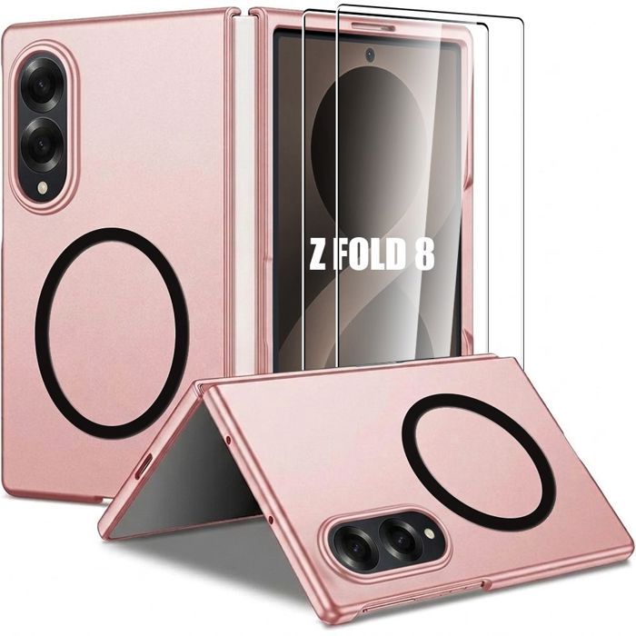 Coque avec 2 Verres Trempés pour Samsung Galaxy Z Fold 8, Antichoc Rigide avec Cercle Magnétique -Rose