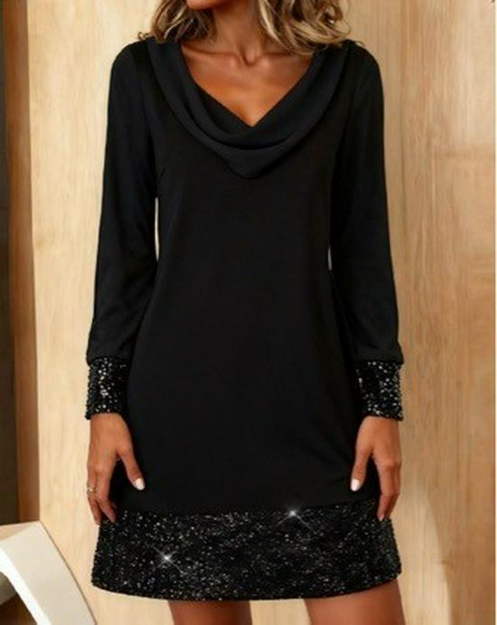 

Elegant Ruffle Collar Long Sleeve Sequin Mesh Party Gown for Women XL чорний