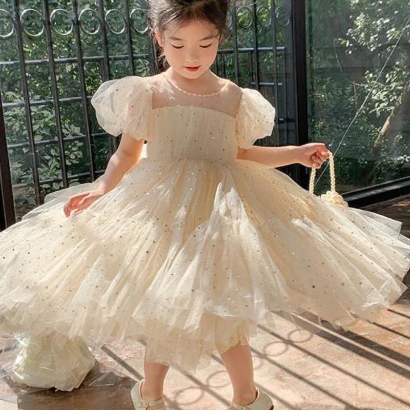 Dress Girls Princess Birthday Party Bow Summer Skirt Baby Girl's Bubble Sleeve Mesh Sequin Sweet Cute