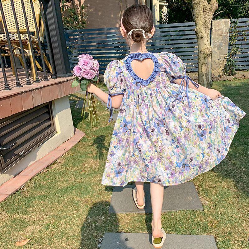 Girls Korean Floral Puff Sleeve Backless Princess Dress Summer Fashionable Children Clothing 100