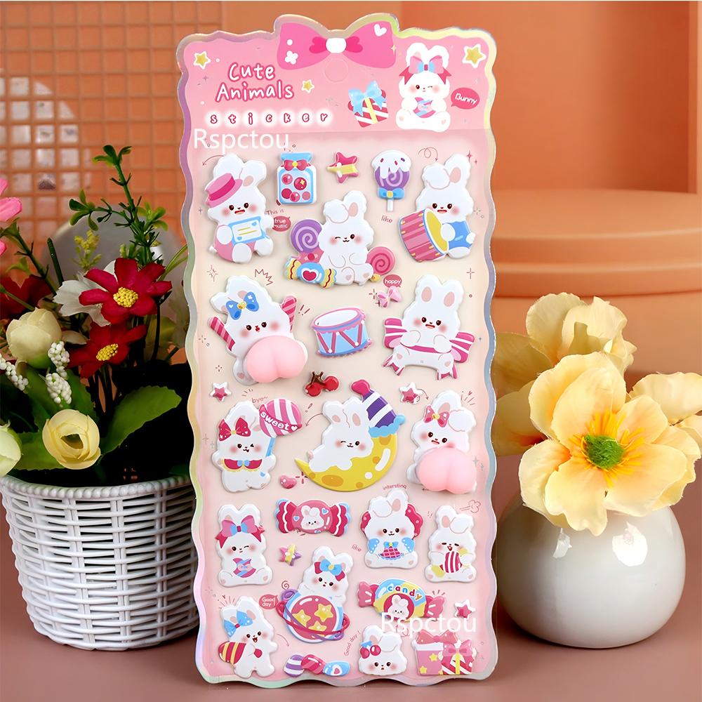 6pcs Funny Cute Animal Soft 3D Happy Pinched Buttocks Stickers Panda Rabbit Bubble Decal Phone Decoration Sticker Decompress Toy