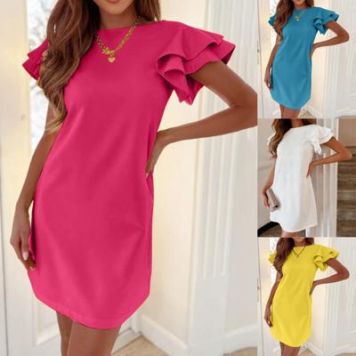 Robe de mode pour femme à col rond, volants, manches à volants, couleur