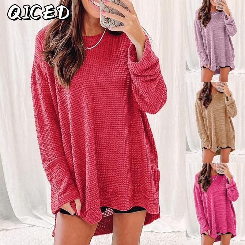 QICED Women's Fashion Casual Solid Color Print Long Sleeve O-Neck Blouses & Shirts