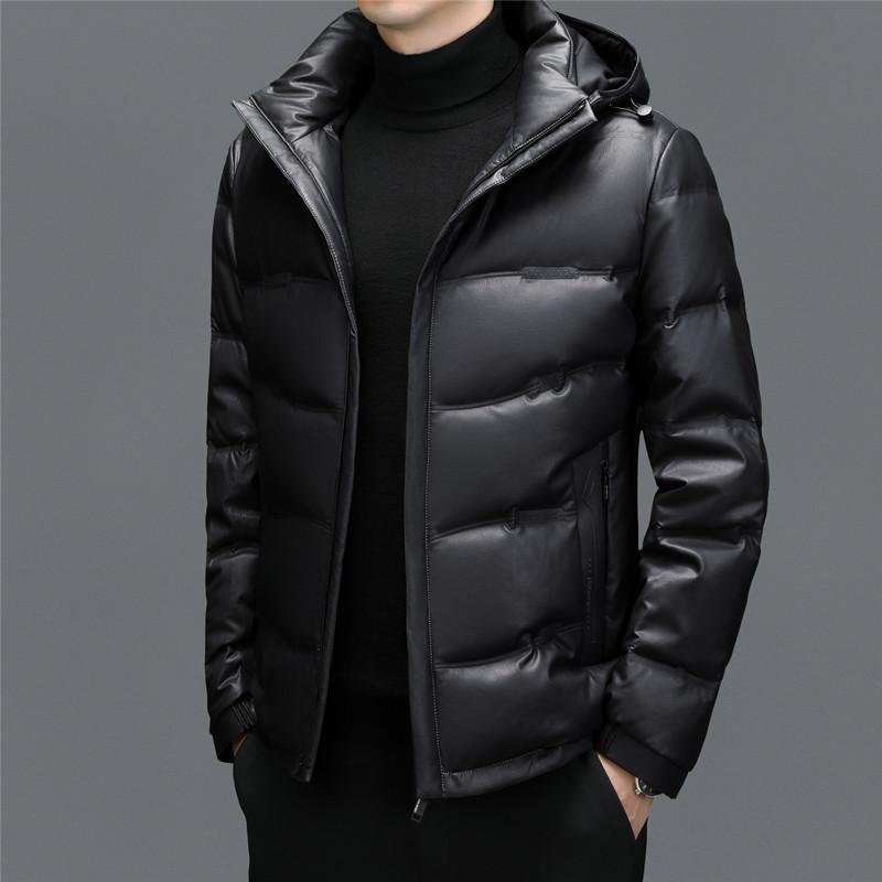 Down Jacket Genuine Leather Jacket Men s Casual Hooded Winter Short Duck Down Thickened Middle-aged Men s Down Jacket Jacket M