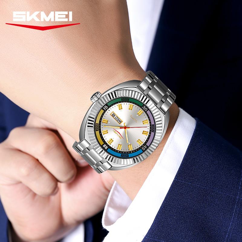 SKMEI Retro Men's Quartz Watch Fashion Sport Butterfly Buckle Steel Belt Week Calendar Large Dial Watches For Man