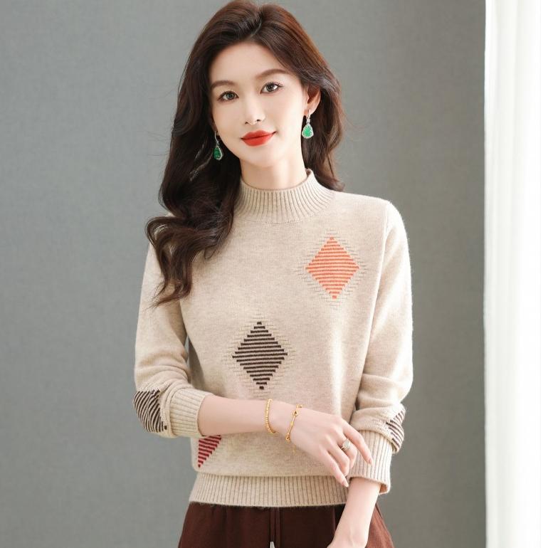 Solid-color Sweater Women's Trendy Casual Long-sleeved Knitted Sweater Loose Half Turtleneck Pullover Autumn and Winter Top