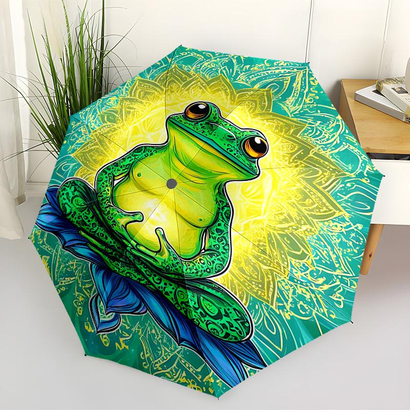 1pc Frog Lotus Flower Fashionable Automatic Opening/Closing Folding Umbrella with 8 Iron Bones, Plastic Handle yy251015059