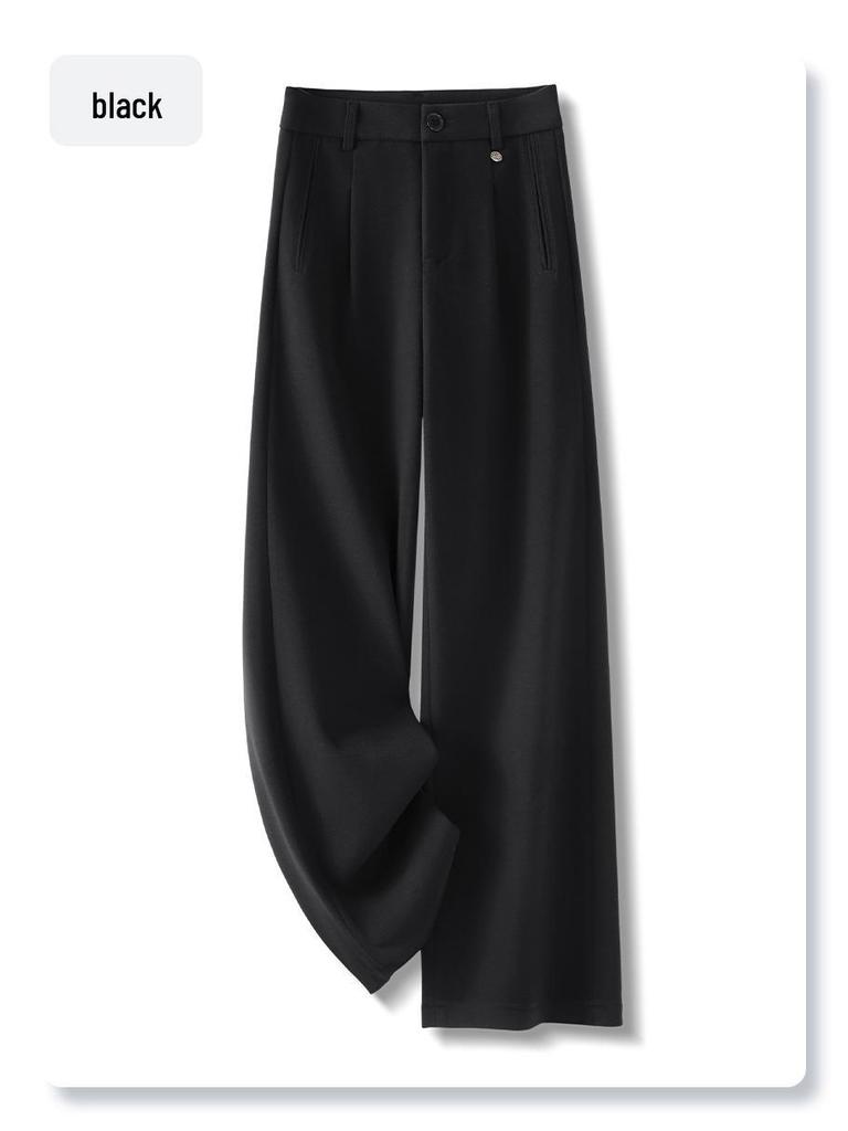 2024 Women's Beige Wool Wide-Leg Slimming High-Waisted Casual Pants