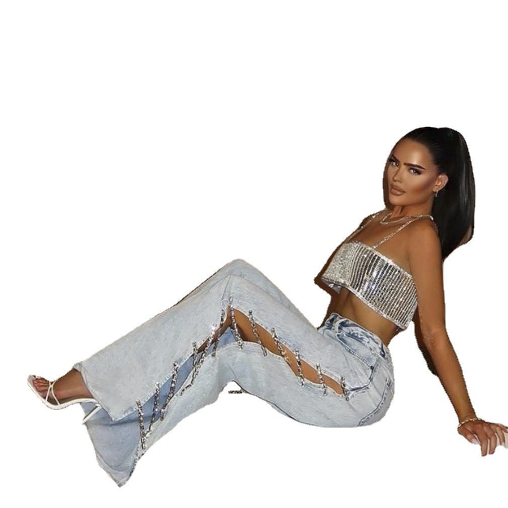 Women's Spring/Summer Loose Mid-Waist Wide-Leg Jeans with Diamond Stitching and Side Cut-Outs