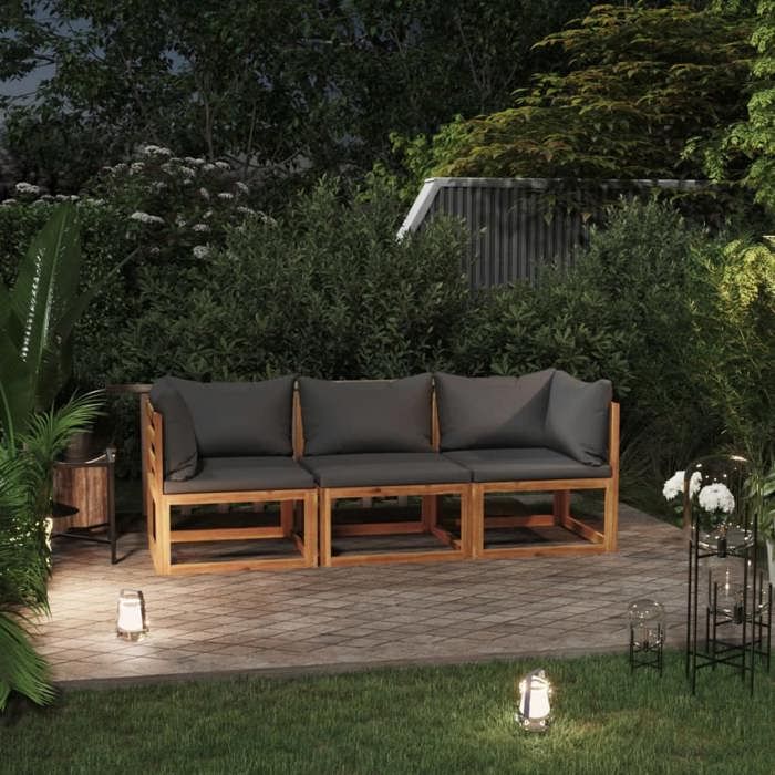 vidaXL 3-seater Garden Sofa In Solid Acacia Wood with Dark Grey Cushion