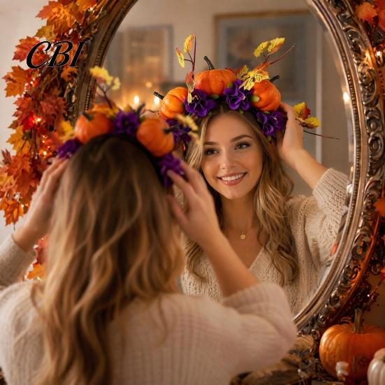 Bequemes Lang tragbares Stirnband Halloween Haarreif, Schwarz mit 3D Kürbis Herbstlaub Accessoire Rote Blumen, Universell Thanksgiving Tag Party