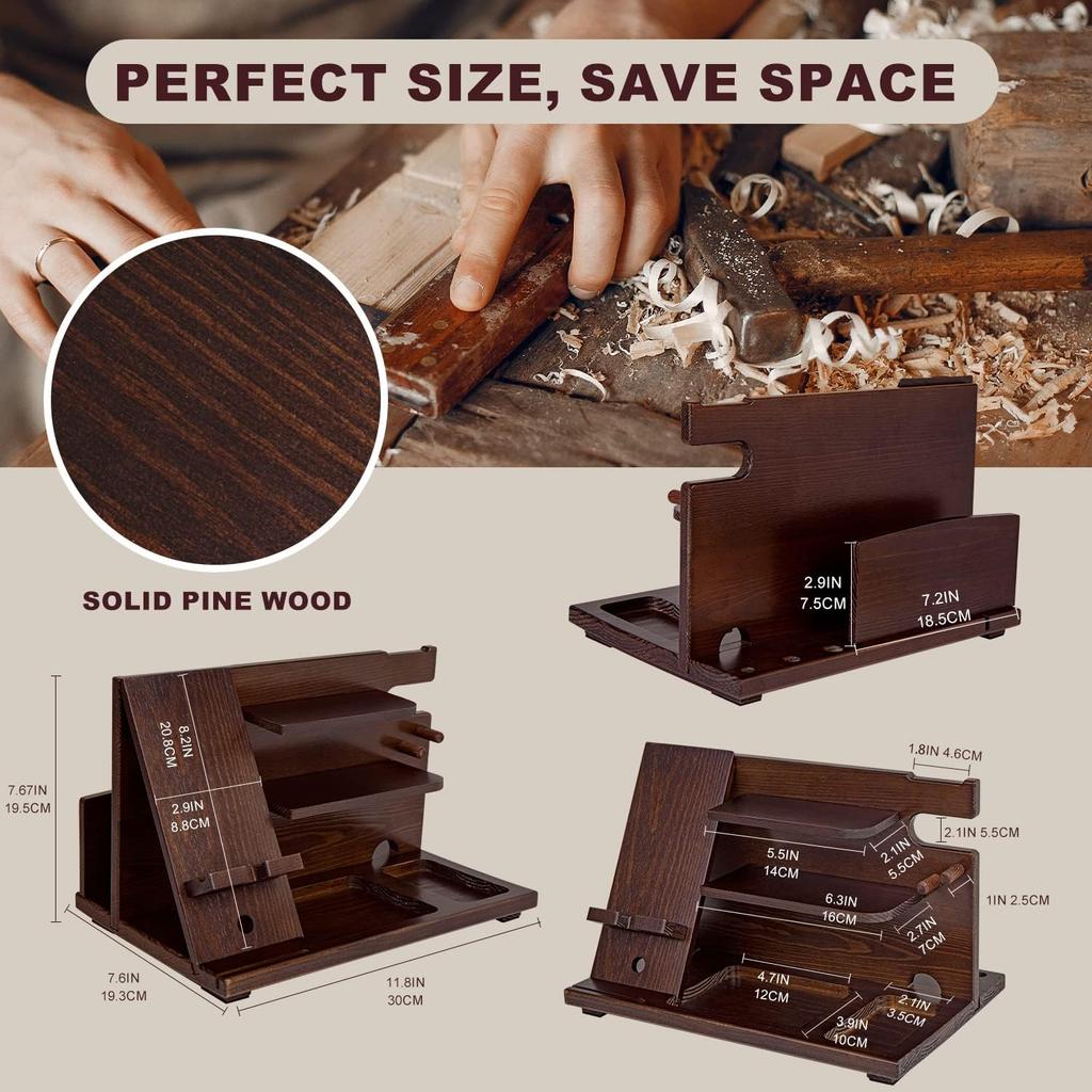 KOCWELL Wood Phone Docking Station Ash Key Holder Stand Watch Organizer Men Husband Wife Anniversary Dad Birthday Nightstand Purse Father Graduation