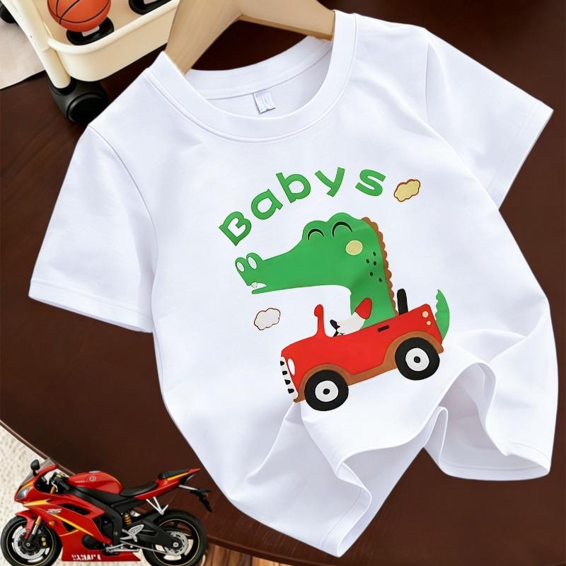 Boys Dinosaur Red Car Print Crewneck Summer Casual Sports T-Shirt 110 белый