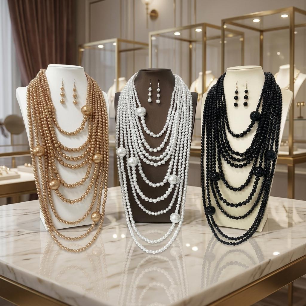Kit Collana Lunga con Perle Eccessive Multi-Strato Orecchini Vintage da Donna Set di Gioielli con Filo Statement di Grandi Perle per Matrimonio Festa