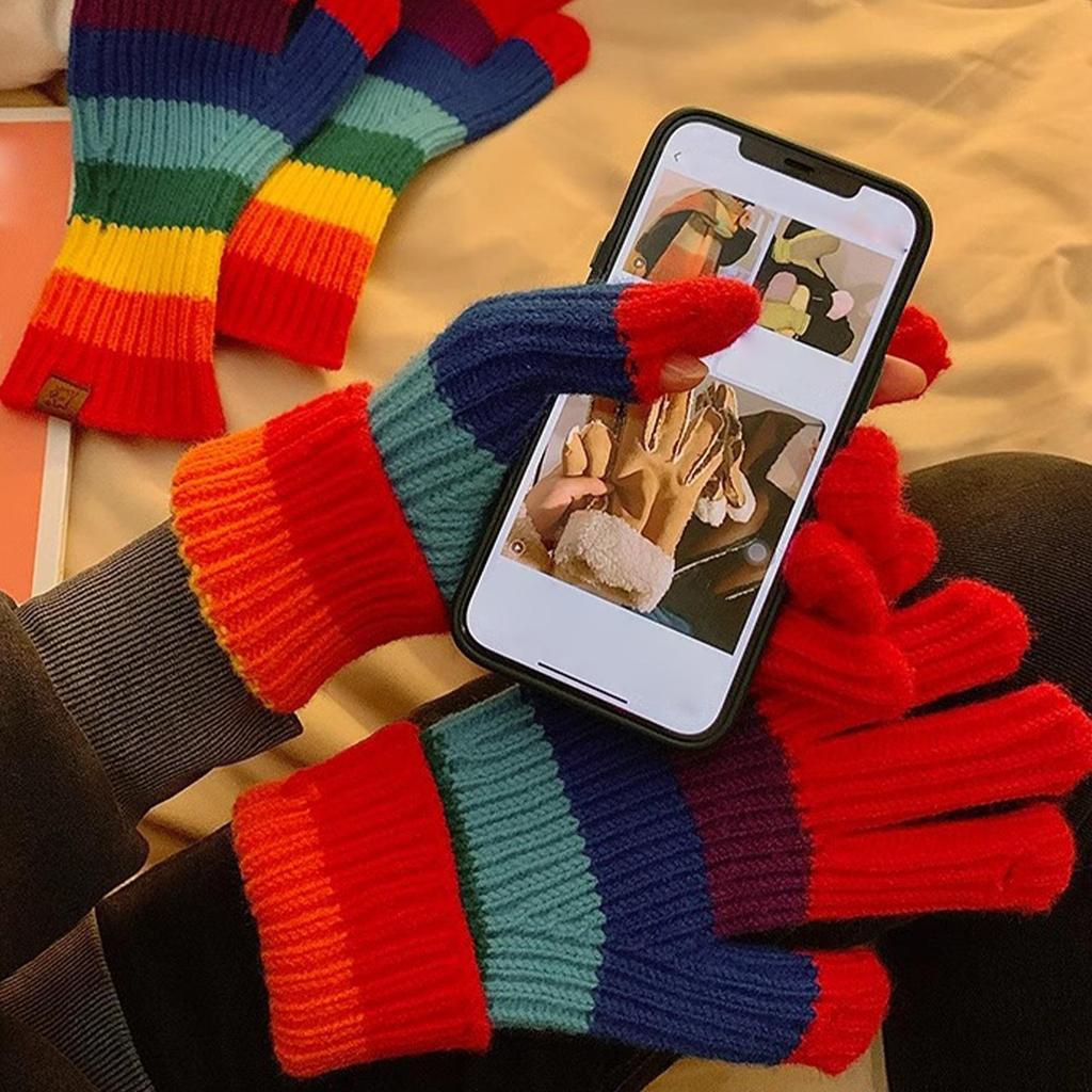 Touchscreen Winter Gloves Rainbow Color Knit Warm Gloves Touch Screen Phone Compatible for Outdoor Sports Running Hiking Skiing