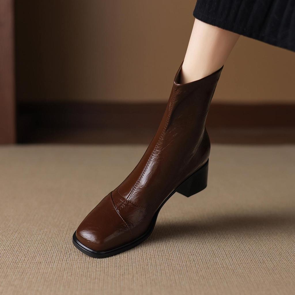 Krazing Pot Microfiber Square Toe Med Heels Elastic Boots Size 43 Slip On Women  Basic Design Ankle Boots