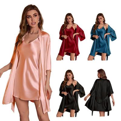Sommer Eis Seide Pyjama & Morgenmantel Set für Damen - Camisole Zweiteilige Hausbekleidung.