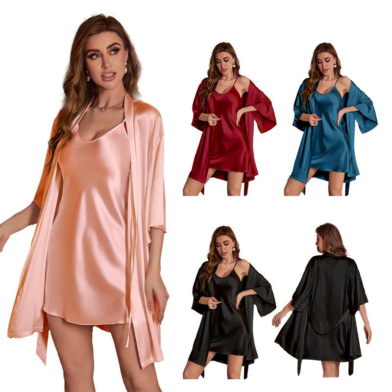 Summer Ice Silk Pajama & Robe Set for Women - Camisole Two-Piece Home Wear.