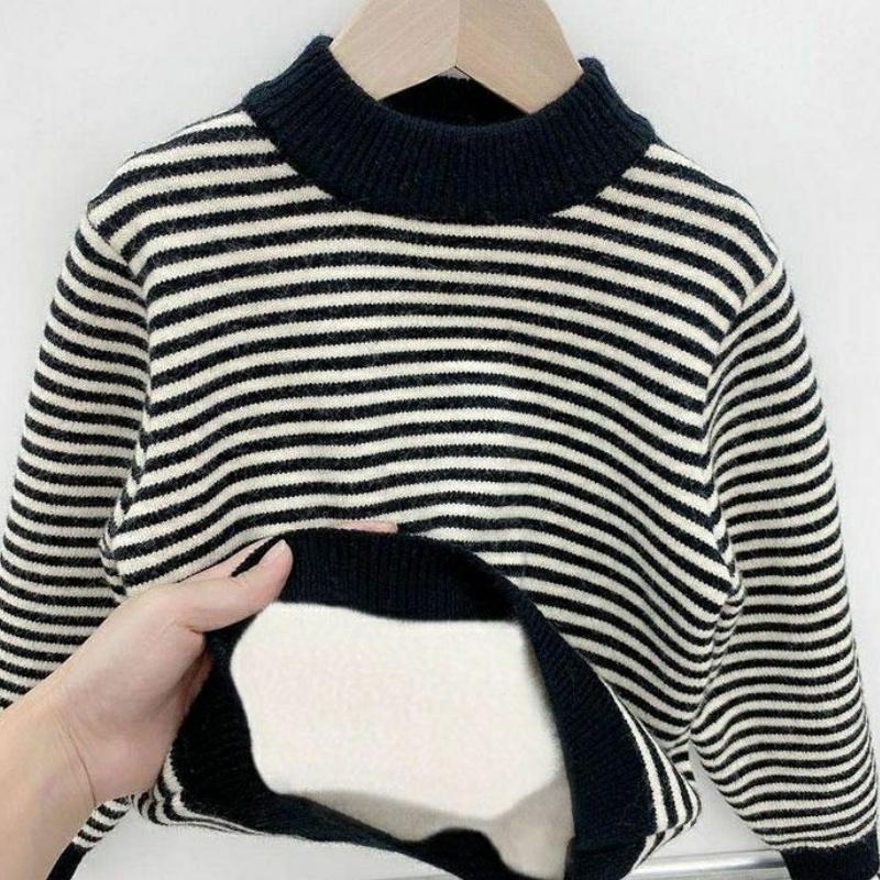 Boys' Sweater Thickened Autumn Winter New Fashionable Versatile Boys' Striped Knitted Sweater Children's Top