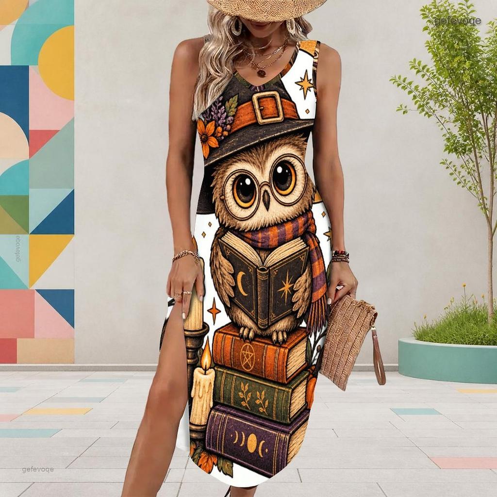 Women Plus Size U Neck Sleeveless Dress Cartoon Witch Raccoon Halloween Printed High Side Slit Curved Hem