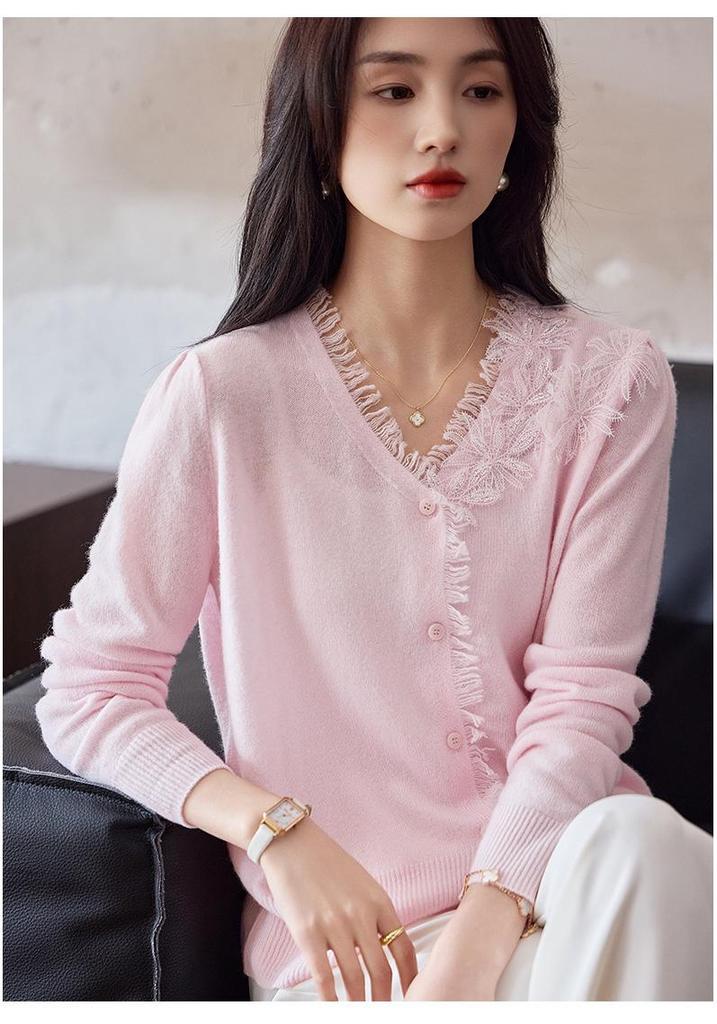 Women's 2025 Tassel Trim Wool Cardigan with French Lace Patchwork