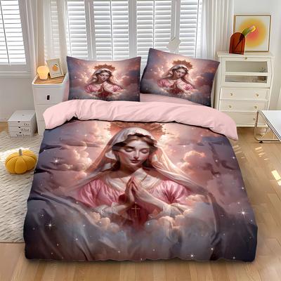3pcs Virgin Mary Pink Printed Core Free Bedding Set Soft and Comfortable Dormitory Bedroom Multiple Sizes Machine Washable