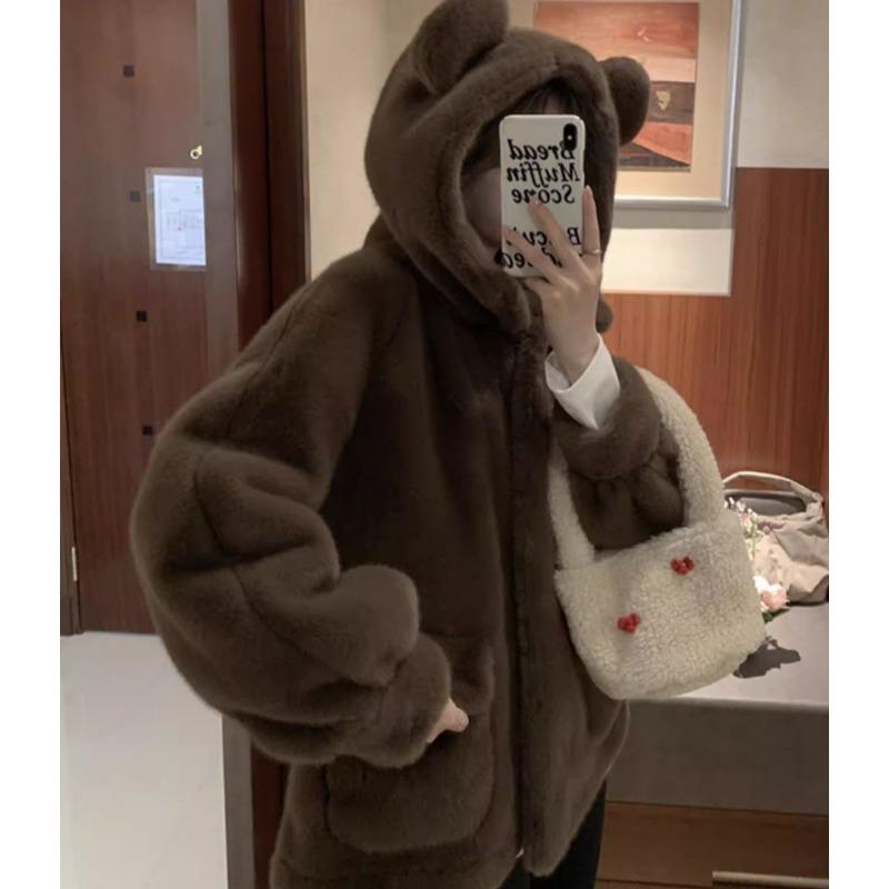 Korean Style Mink Fur Coat Women Winter Warm Hooded Plush Long Thick Jacket