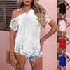 Women's Summer T-Shirts Lace Splicing Metal Buckle Off Shoulder Short Sleeve Hollow Out Pullover Top