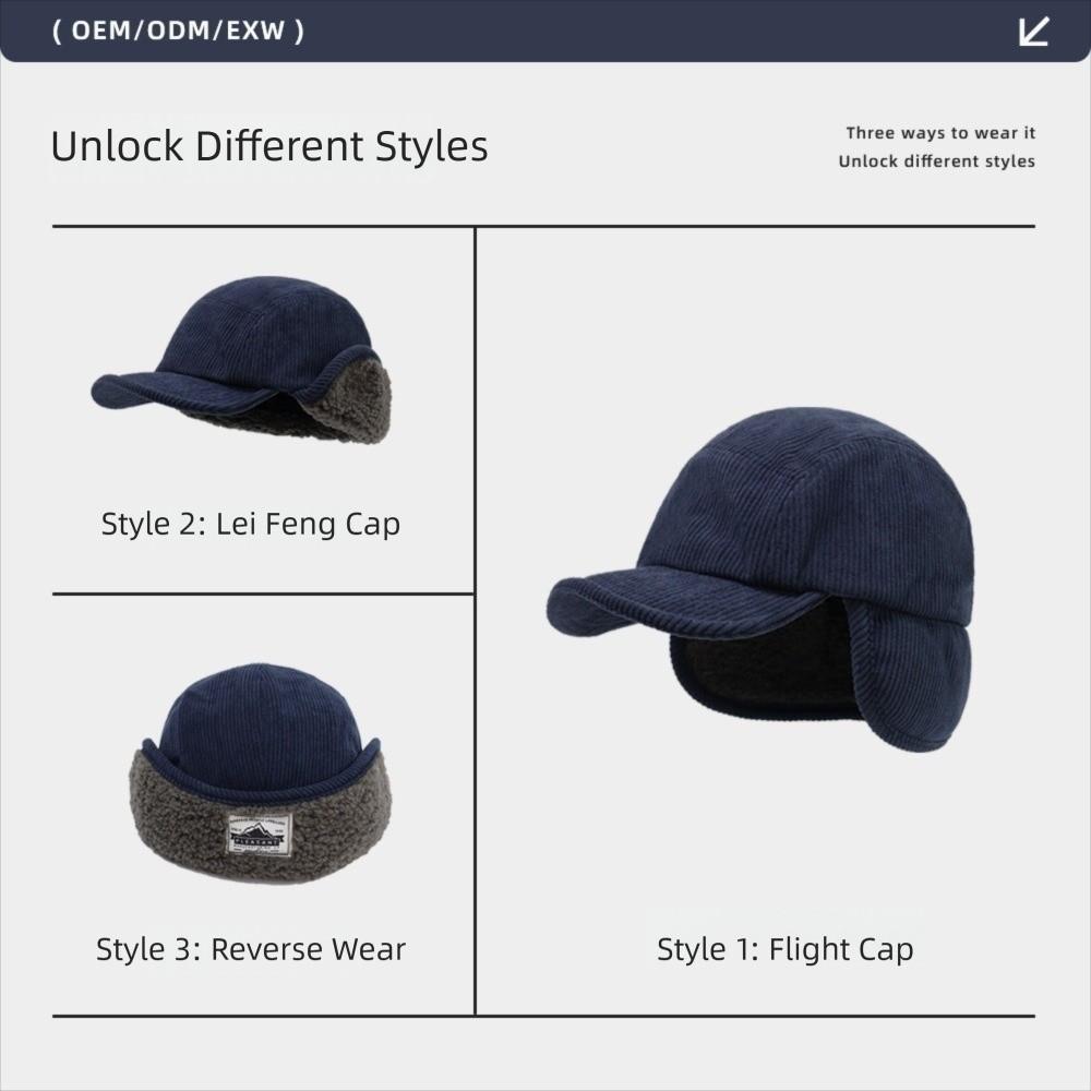 Versatile Retro Bomber Hats Fleece-Lined Windproof Corduroy Caps Earflap Warm Lei Feng Caps Autumn Winter Men Women Wear