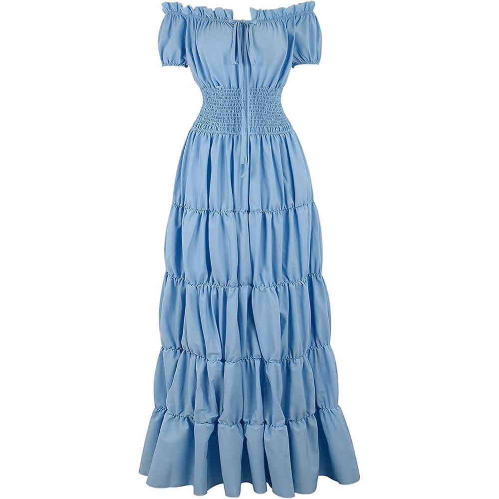 Elegant Medieval Renaissance Dress Boho Short Sleeves Off Shoulder Smocked Waist Retro Pleated Long Dress Costume Gown
