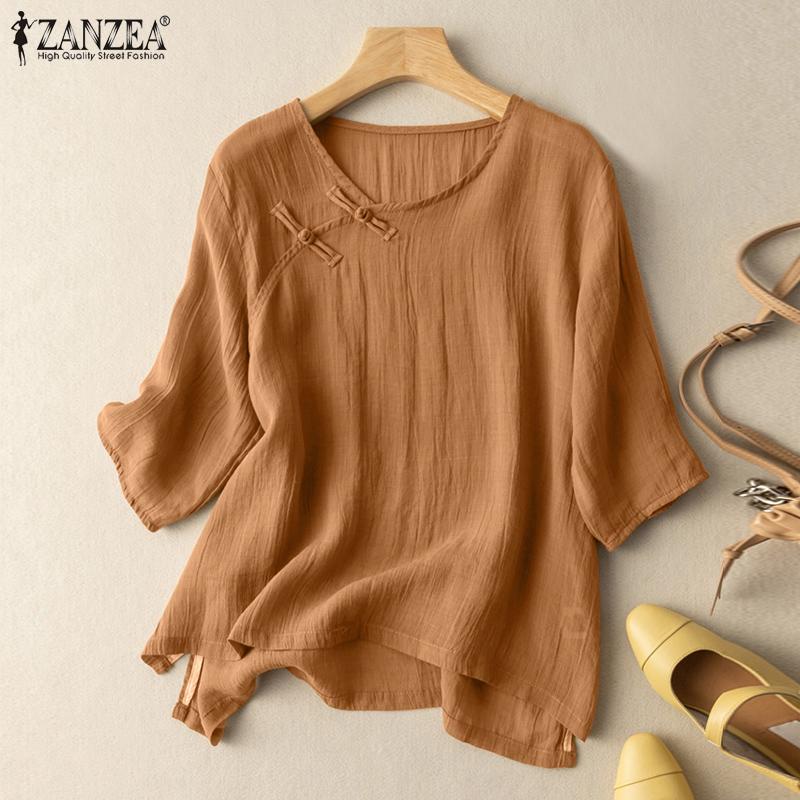 

ZANZEA Льняная хлопковая футболка Летние повседневные топы с круглым вырезом и рукавами 3/4