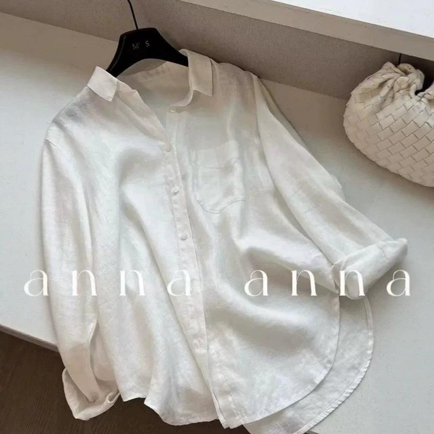 Flax temperament simple and versatile lapel single-breasted long-sleeved loose shirt women