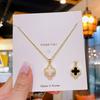 Fashion Commuter Double Sided Four Leaf Clover Zircon Pendant Clavicle Necklace For Women