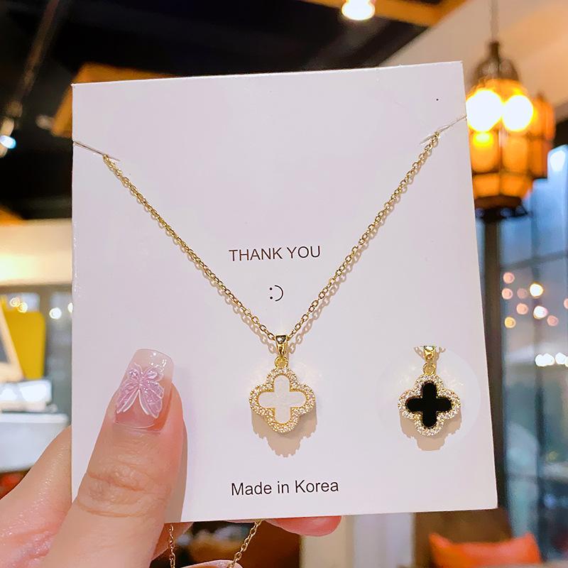 Fashion Commuter Double Sided Four Leaf Clover Zircon Pendant Clavicle Necklace For Women