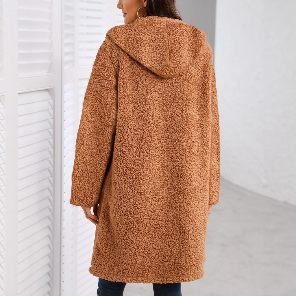 2025 Autumn Winter Women's Hooded Long Coat, Plush Patchwork Quilted Jacket with Lightweight Texture, Oversized Zip Front Trench for Casual Style