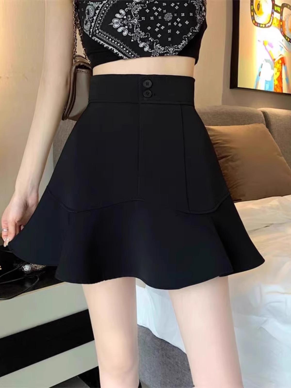 

Женская черная миди-юбка с завышенной талией и хвостом русалки - А-силуэт, облегающая, в корейском стиле, коллекция весна 2024 M