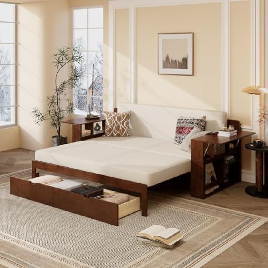 Queen Size Daybed with Removable Desk, Storage Drawers and Hydraulic Side Table, 4-in-1 Multifunctional Sofa Bed for Small Spac
