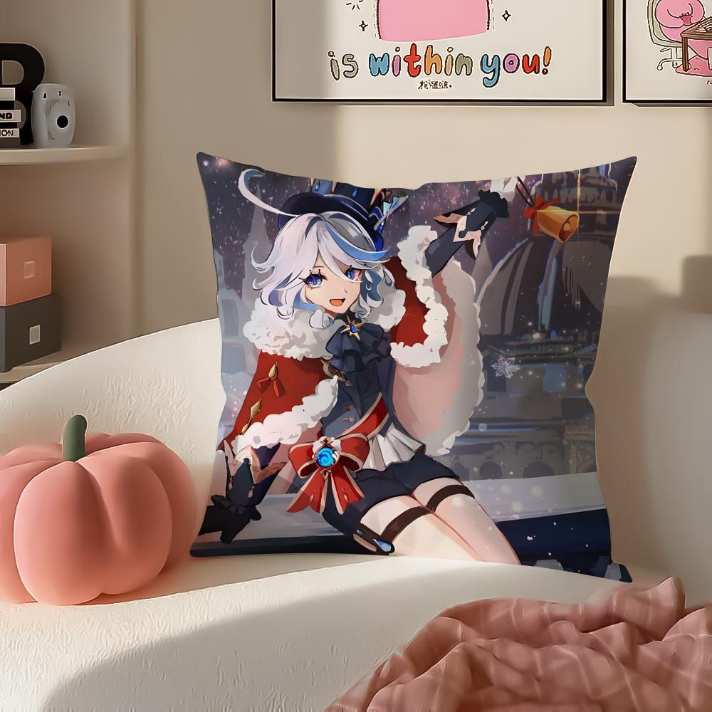 Game Genshin Furina Cushion Cover Pillowcase Short Plush Invisible Zipper Room Sofa Cushion Cover