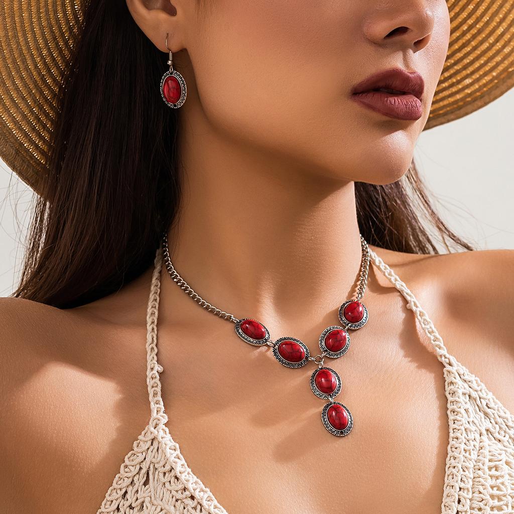 Etnik Vinatge Takı Setleri Moda Lüks Turkuaz Taş Kolye Kolye Küpe Seti Zarif Kadın Alyans Takı Hediye