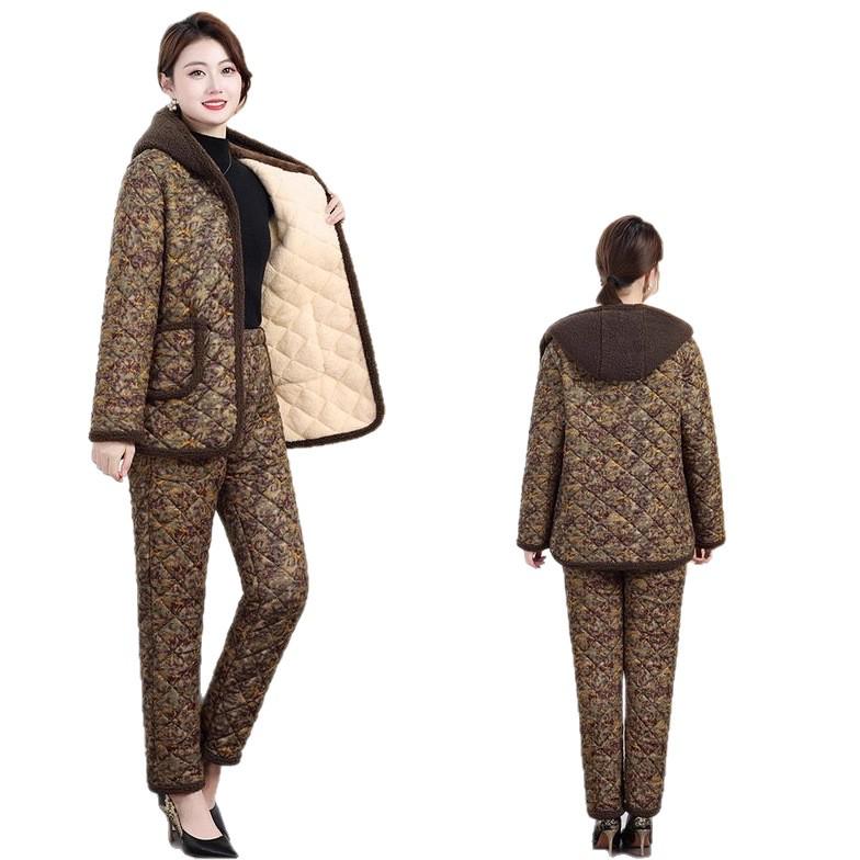 Women's Quilted Winter Pajama Set - Grandma's Warm Cotton Jacket & Velvet Pants