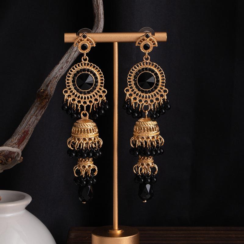 Bohemian Ethnic Style Earrings Retro Carved Long Fringed Earrings With Diamonds And Water Droplets Light Luxury Premium Earrings