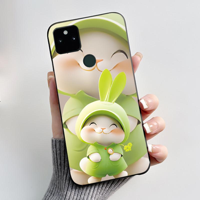 For Google Pixel 5a Soft Silicone Black Case Trendy Style Cartoon Pattern Fluffy Bunny, Milk Tea Rabbit, Rabbit Lamp Casing