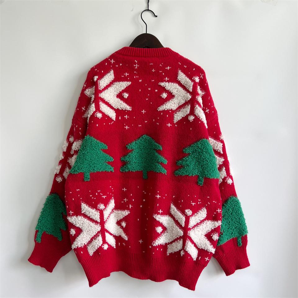 Autumn and Winter New Christmas Tree Jacquard Round Neck Long Sleeve Thick Knitted Hoodie Christmas Sweater for Women 3553 KTB