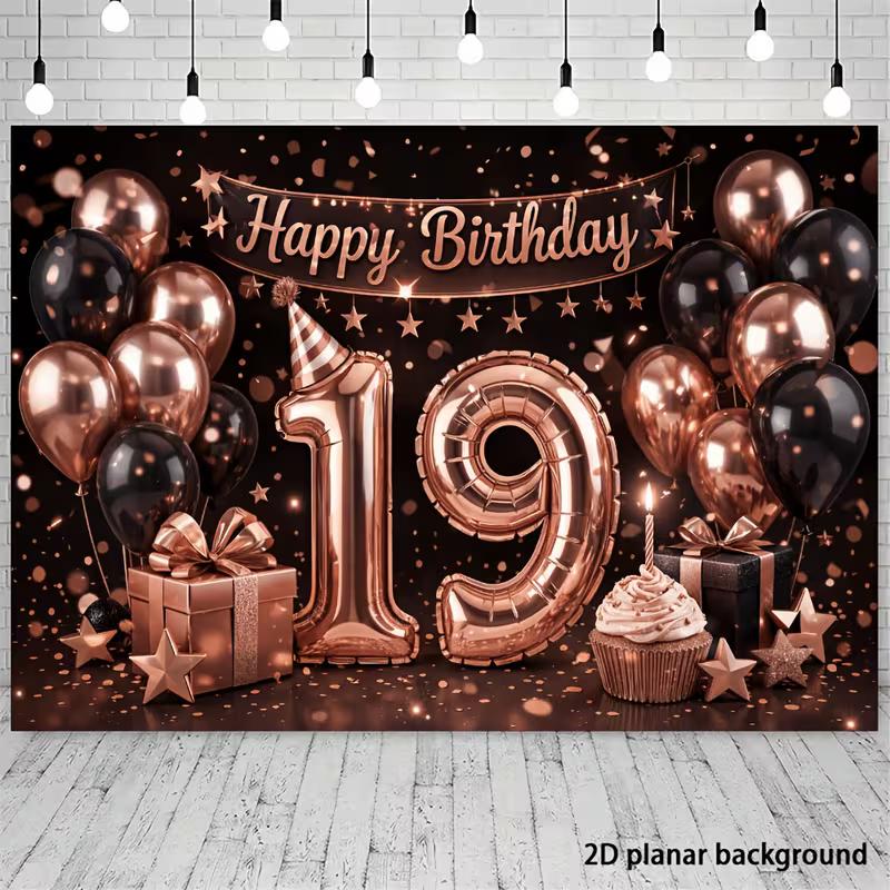 2D Black Rose Gold 19th Birthday Backdrop Shiny Glitter Number 19 Photography Banner