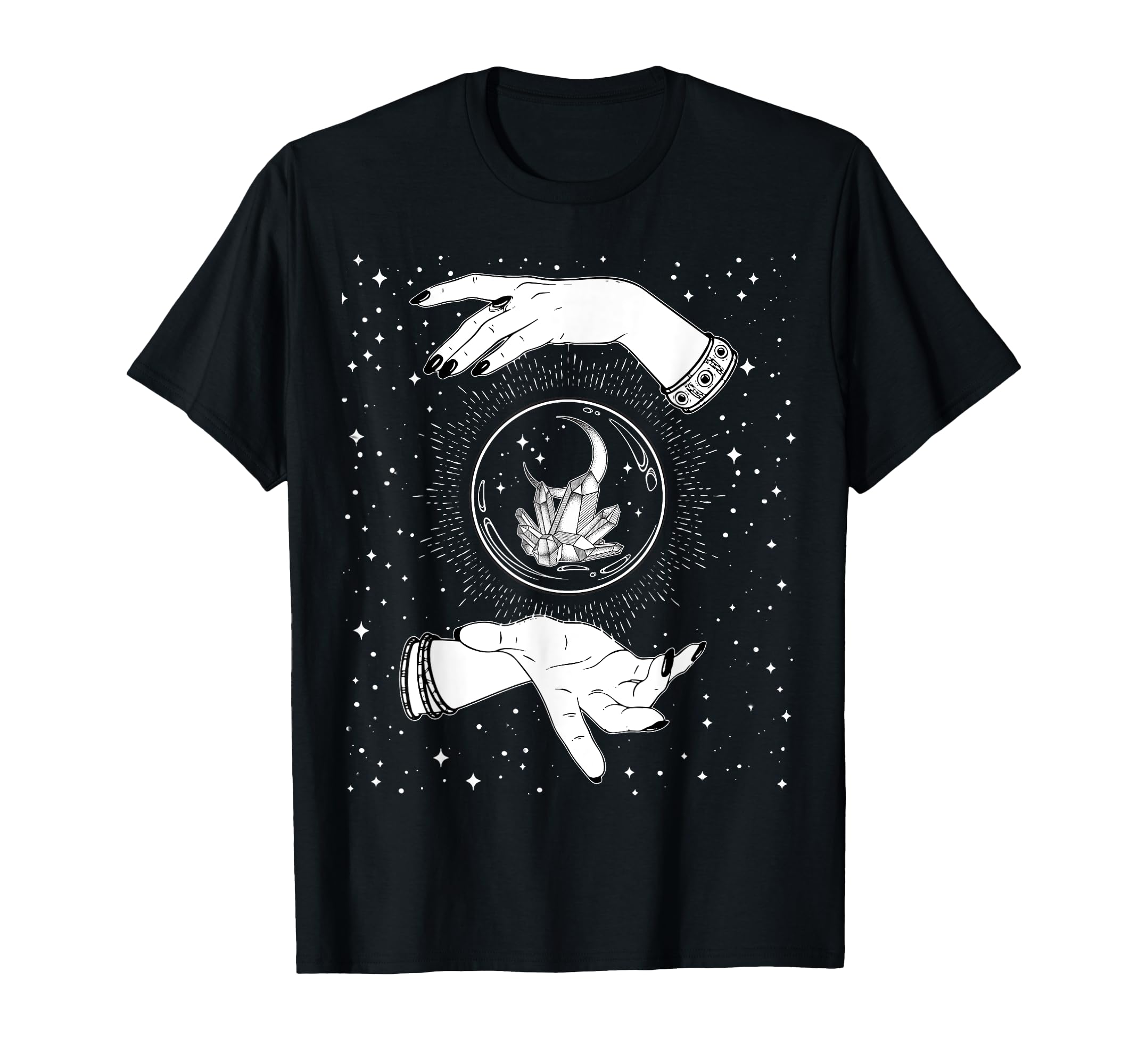 

Retro vintage witch crystal ball witch crescent moon hand, star, T-shirt чорний