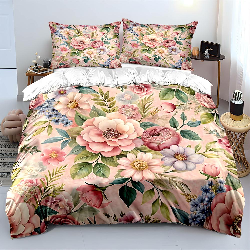 Set Biancheria da Letto con Bellissimo Motivo Floreale Rosa, Varie Misure, 1 Copripiumino 2 Federe, Per Adulti e Bambini, Regalo di Lusso, Misura Matrimoniale