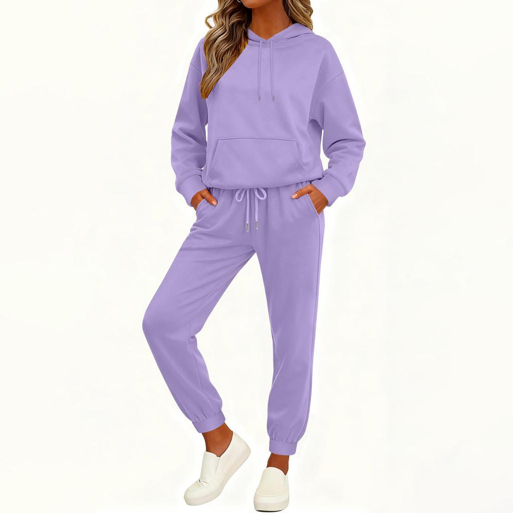 Women's Fashion Casual Solid Color Loose Hooded Sweatshirt Suit