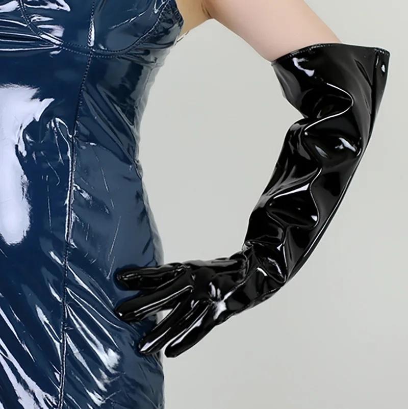 Extra Långa 70CM Lackläderhandskar Dam Ljus Svarta Simulerat Läder PU Varma Prestanda Fotografi Cosplay Gratis Frakt